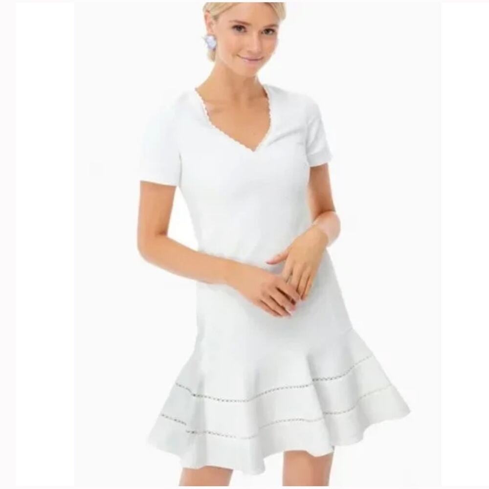 Rebecca Taylor NWT White Stretch Texture V-Neck Dress Ruffle Eyelet Short Sleeve